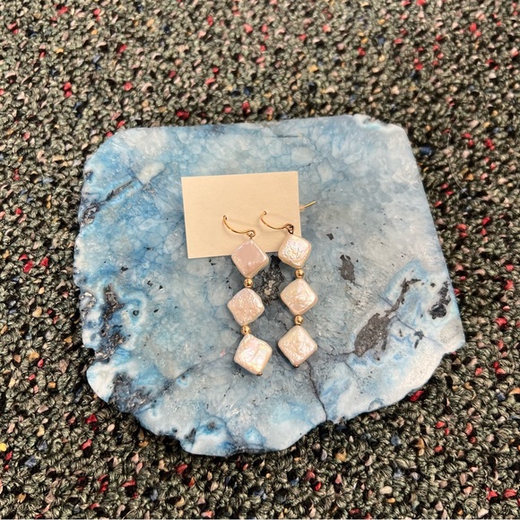 White Iridescent Diamond Shaped Beaded Lightweight Dangly Dainty Long Earrings - Picture 8 of 9